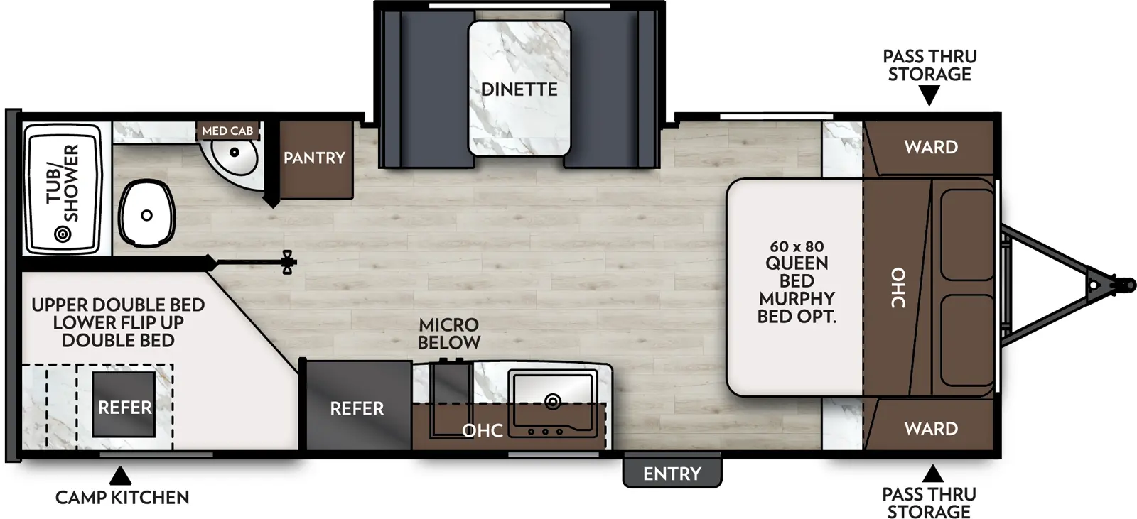 The Apex Nano 208BHS floorplan has one entry and one slide out. Exterior features include: fiberglass exterior, 14' awning and outside kitchen. Interiors features include: bunk beds and murphy bed.
